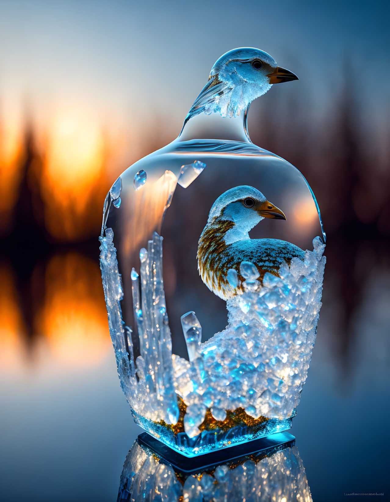 Glass sculpture featuring two birds with crystal-like texture, one perched atop the other, set against a