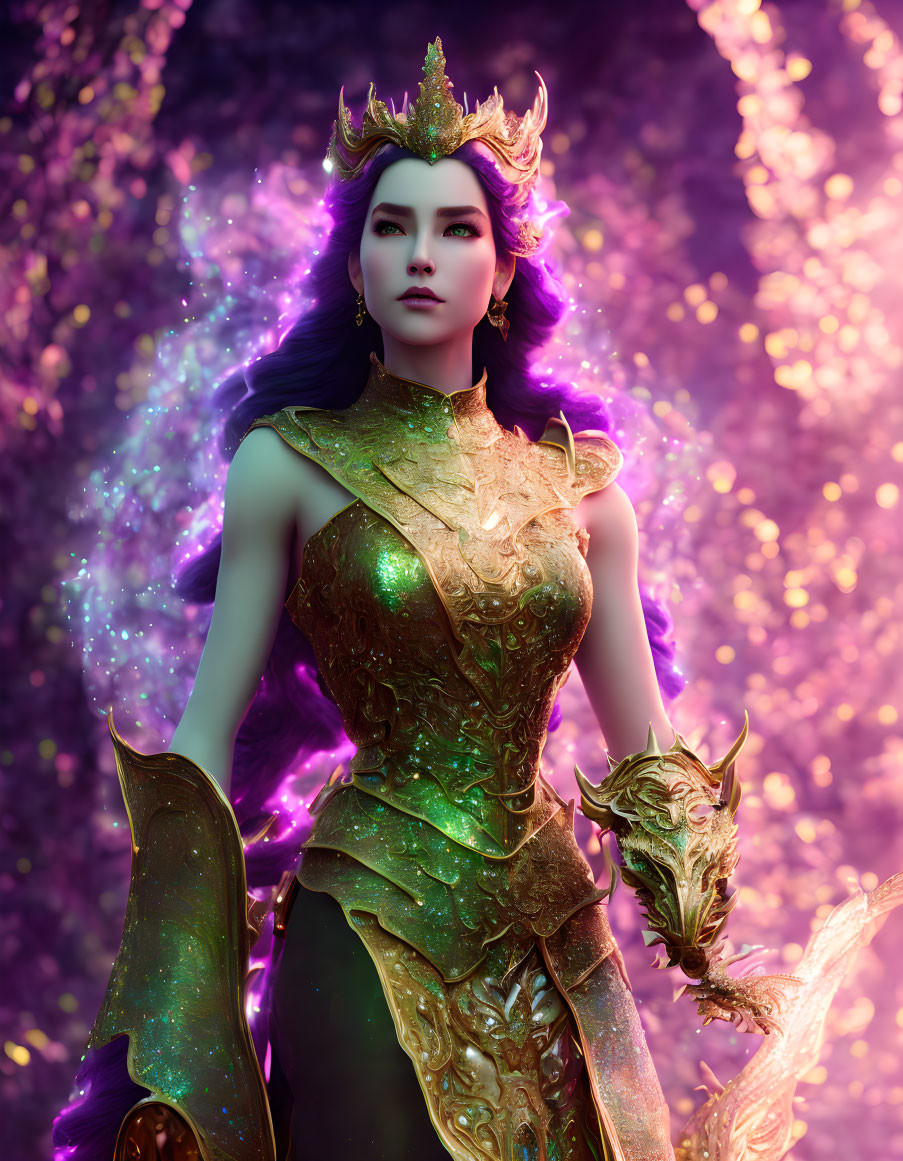 Female Figure in Purple Hair & Crown with Dragon Staff, Ornate Armor, Magical Background