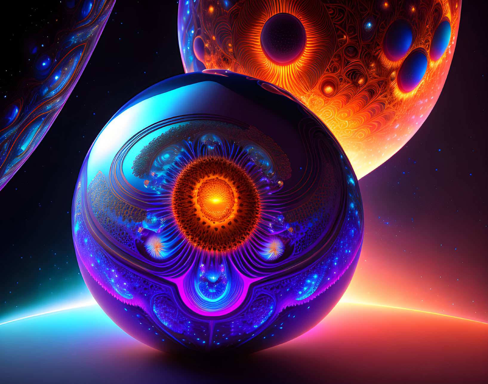 Colorful fractal spheres in cosmic setting with glowing patterns