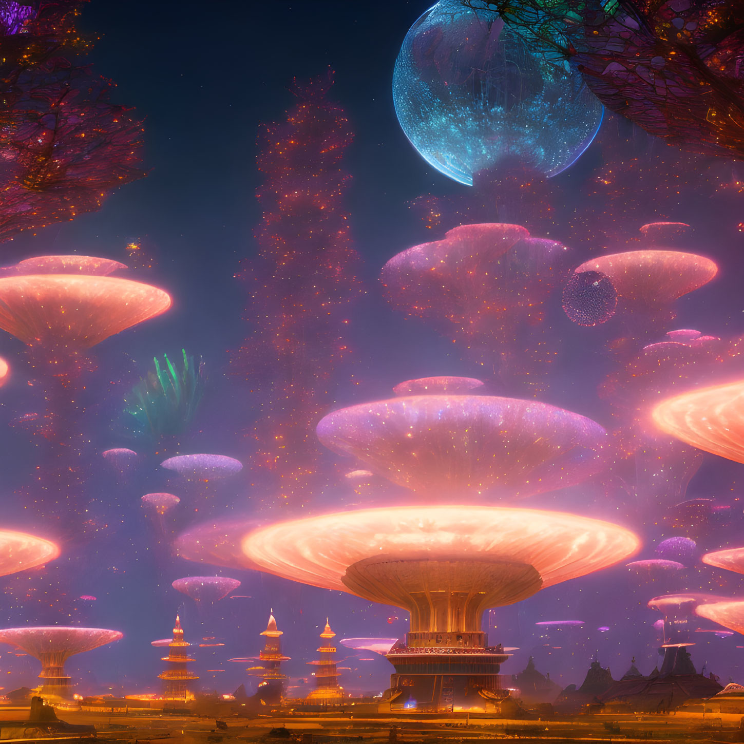 Fantasy landscape with oversized glowing mushrooms and pagodas under a starry sky