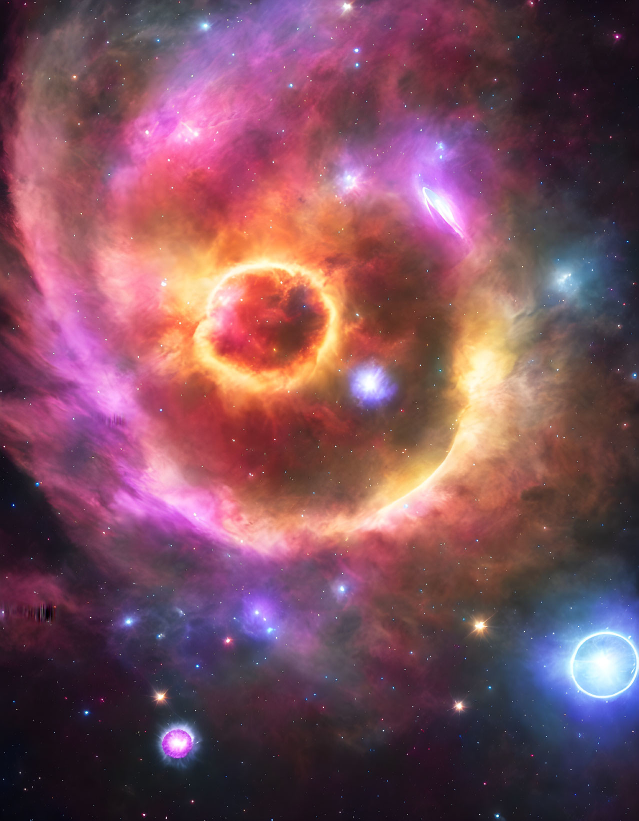 Colorful cosmic image: swirling purple, pink, and orange nebula with stars and celestial body.