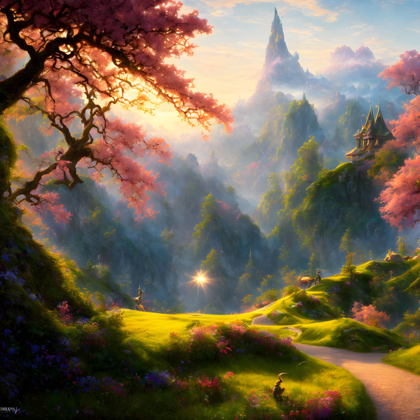 Fantasy landscape with cherry blossom tree, winding path, flowers, and distant castles at sunrise