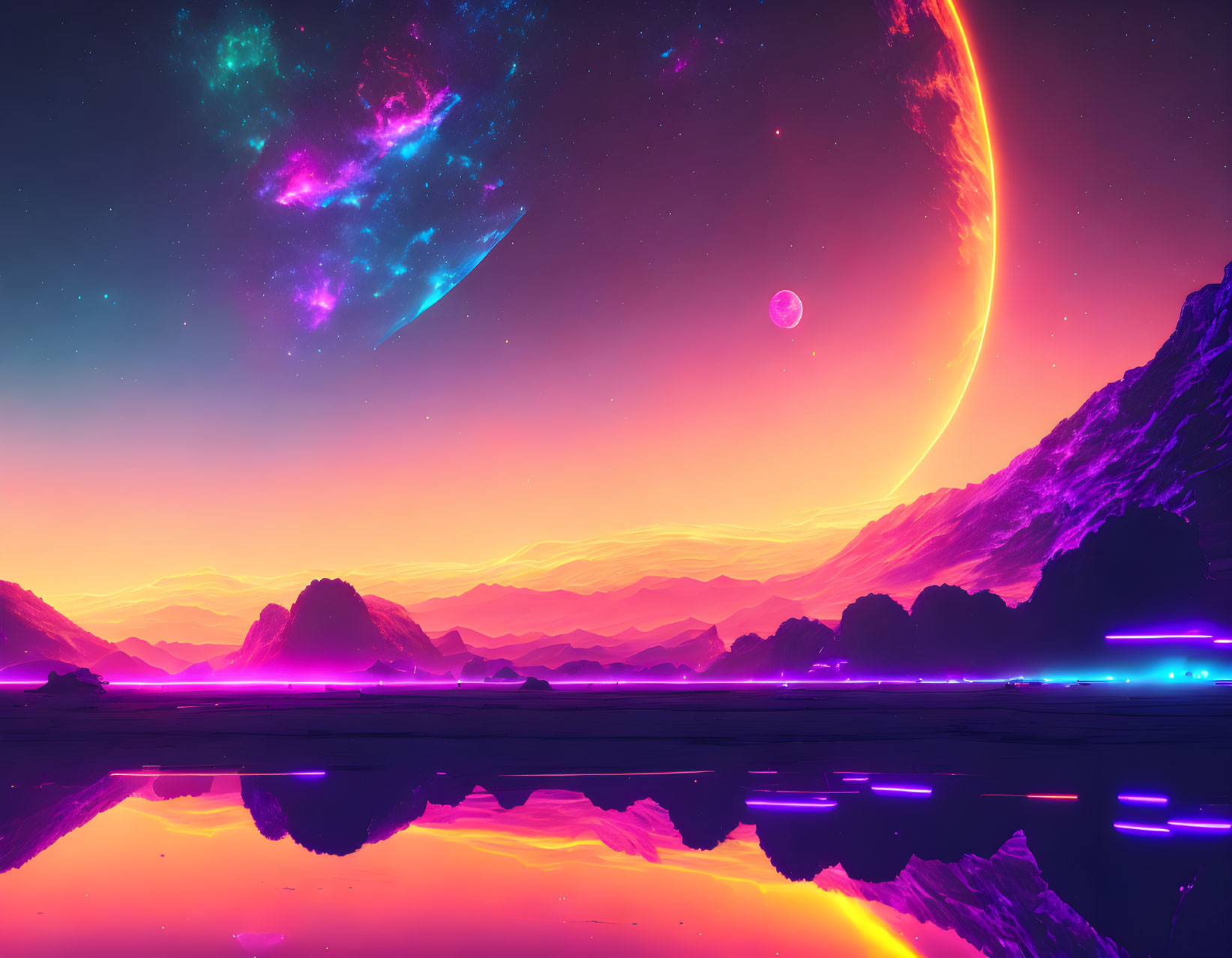 Colorful sci-fi landscape with neon skies, comet, mountains, and reflective water.