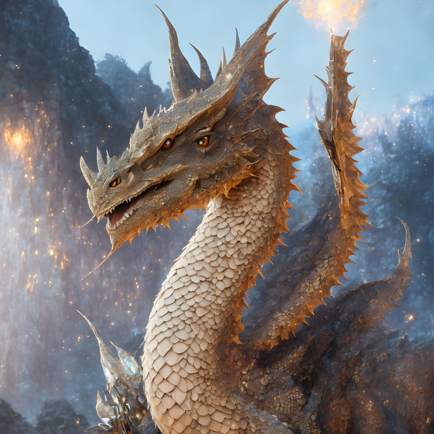 Detailed dragon with scales and spikes in fiery landscape