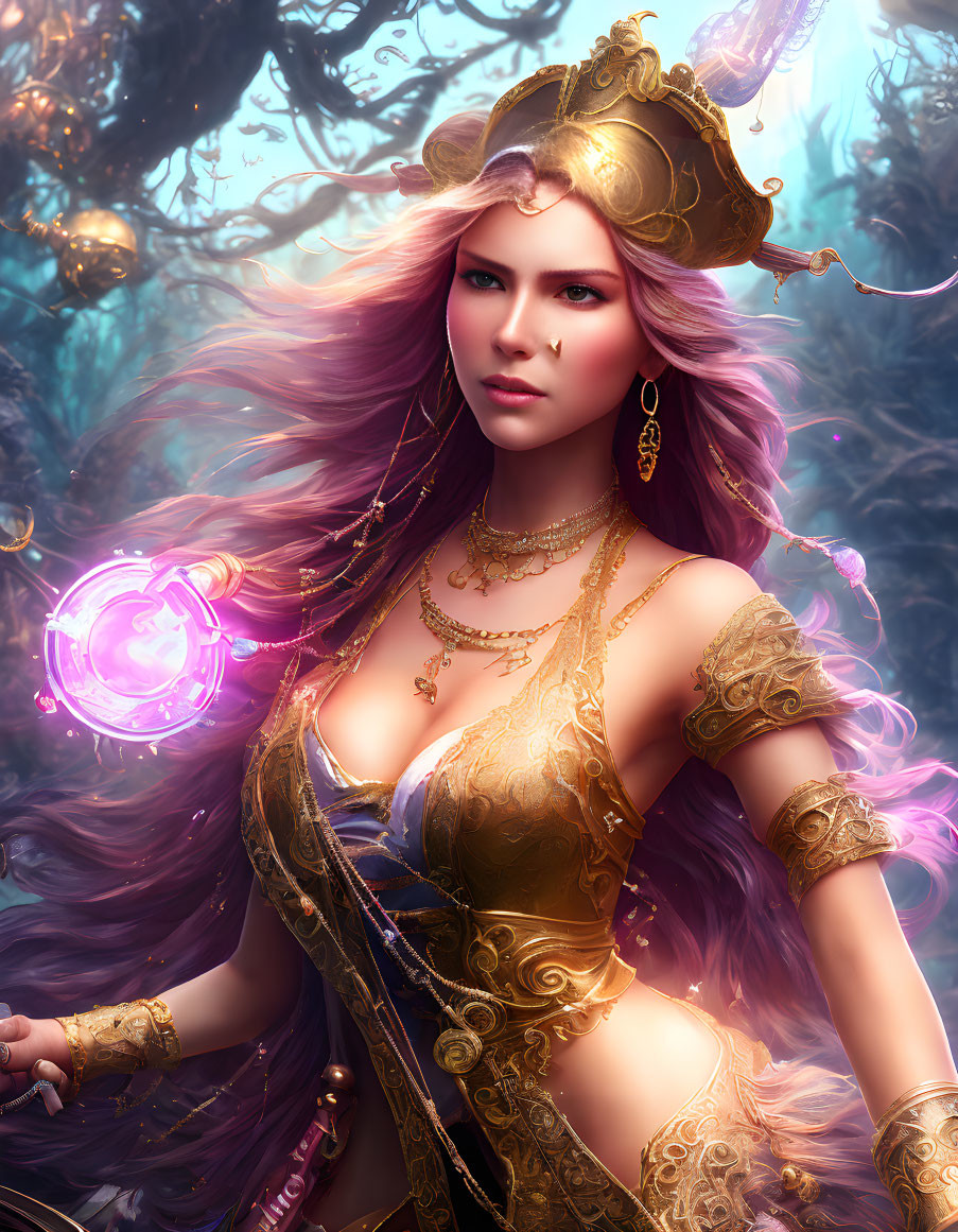 Fantasy artwork: Woman with pink hair, golden armor, holding magical sigil in mystical forest.