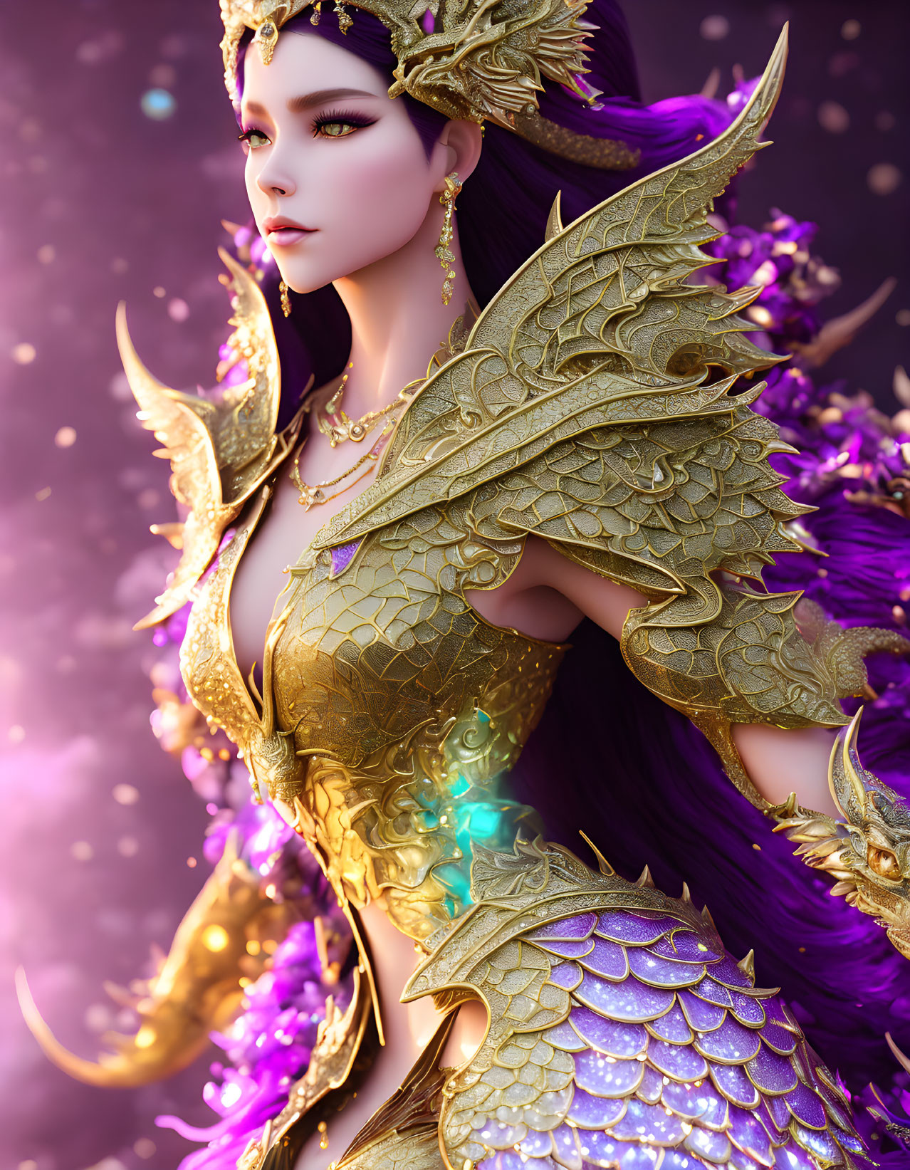 Regal Female Character in Golden Dragon Armor on Purple Background