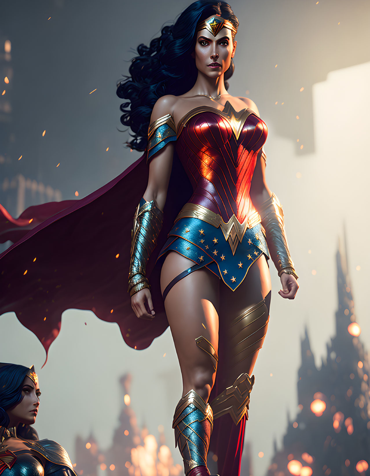 Female superhero in red and blue costume with golden accents and cape against dramatic backdrop