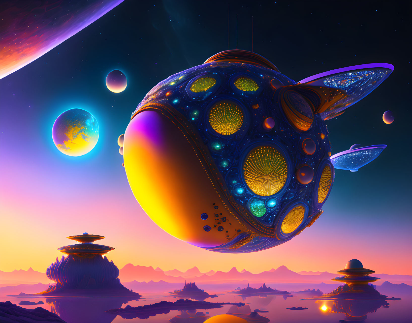 Detailed alien spacecraft hovers above vibrant alien landscape