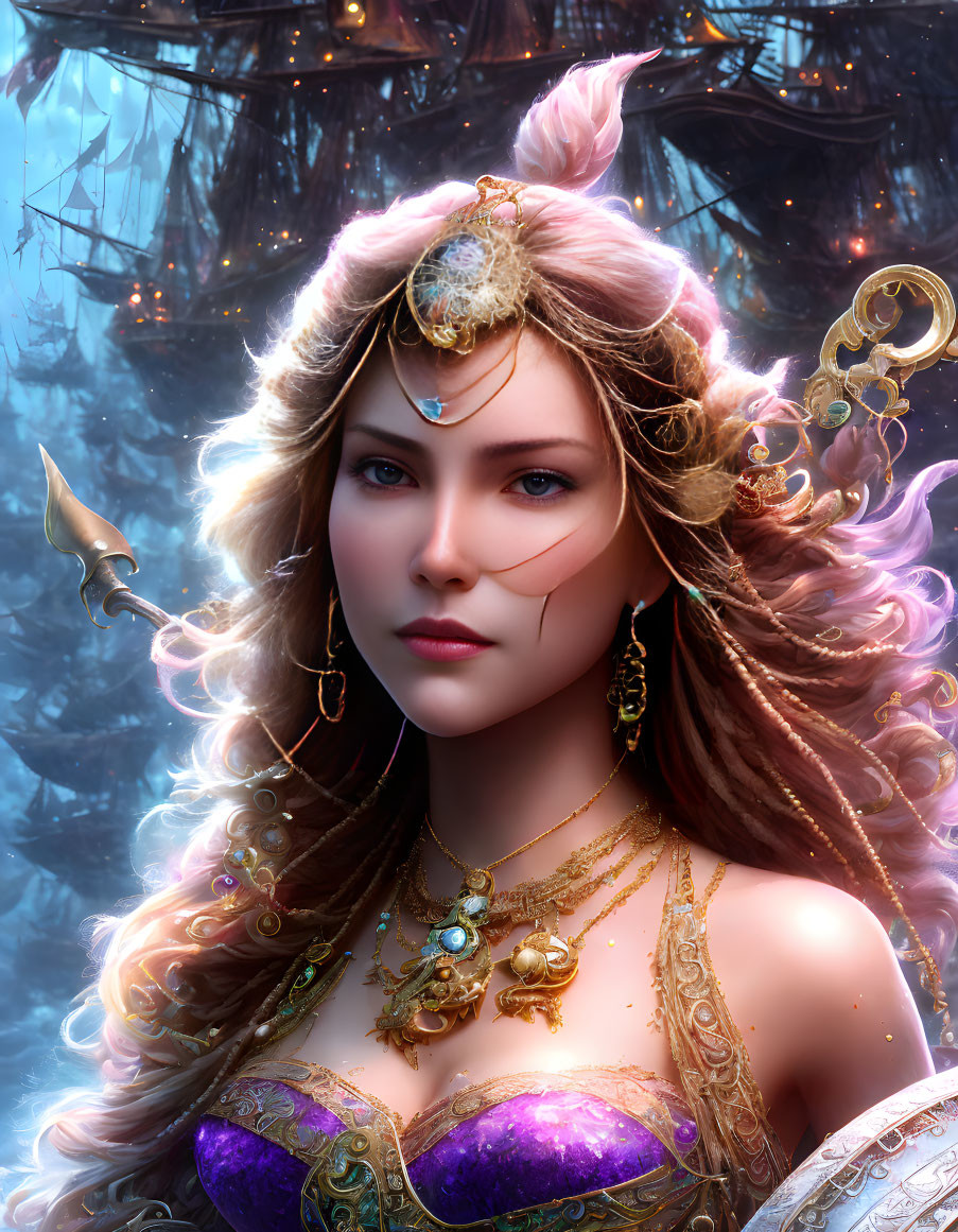 Fantasy female character with golden jewelry and mystical backdrop