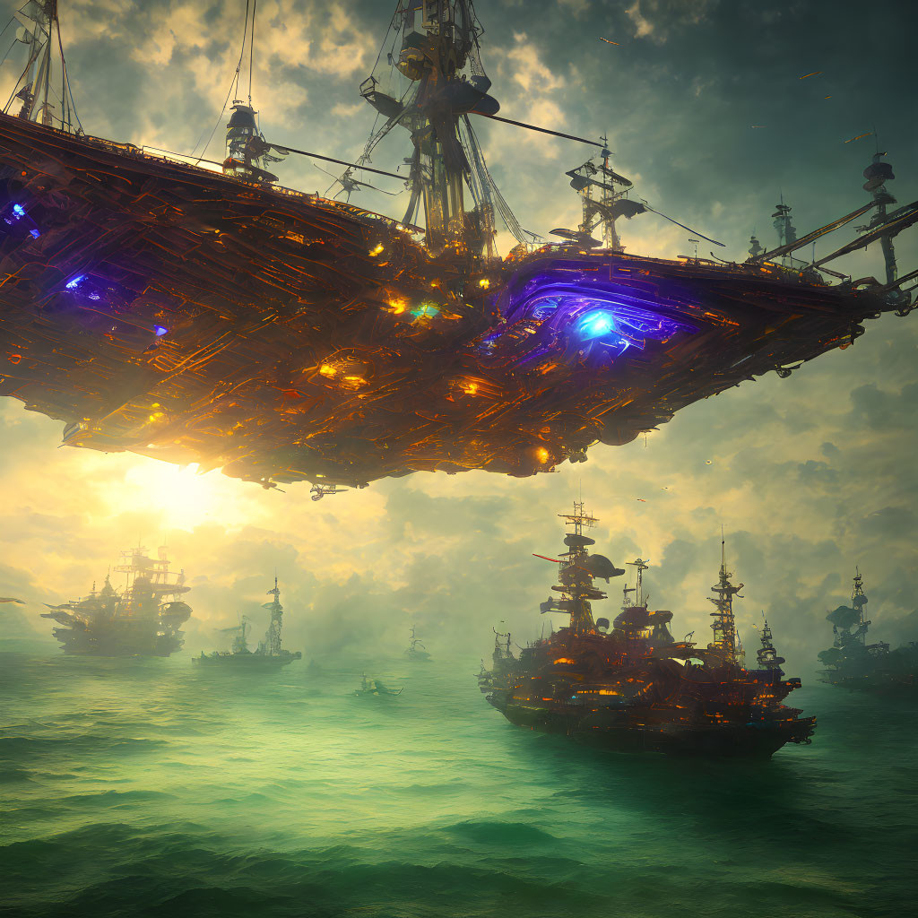 Fantastical floating ships with glowing undersides in misty sky