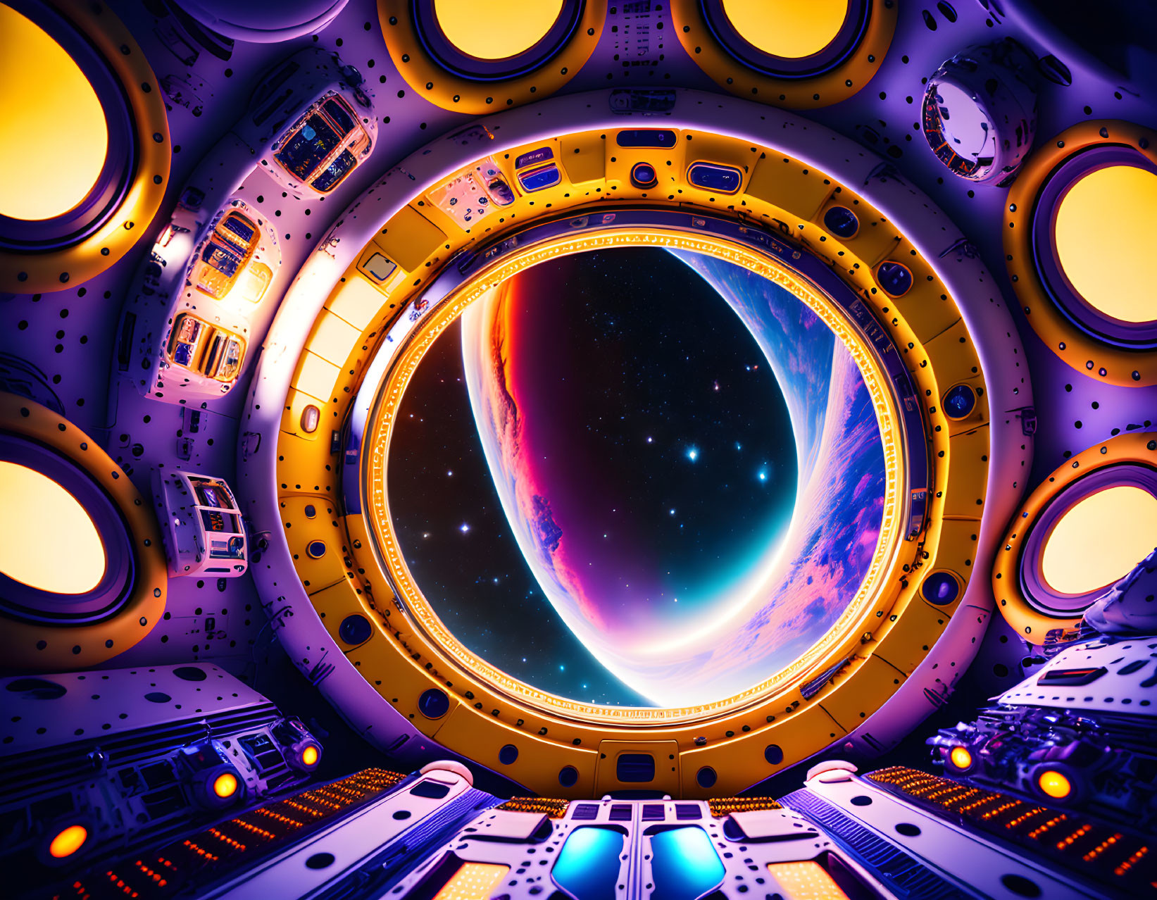 Futuristic spacecraft interior with circular window revealing colorful outer space view.