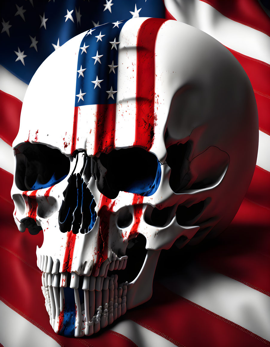 Digital Skull with American Flag Paint Overlay on US Flag Background