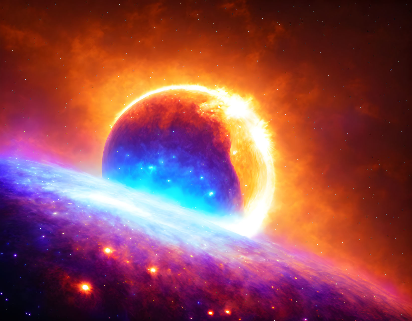 Glowing planet eclipsing star in fiery cosmic scene