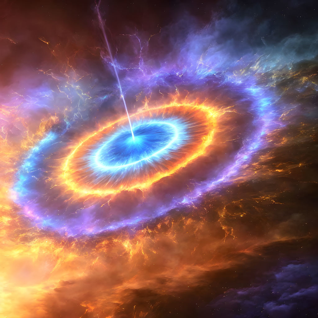 Colorful digital artwork featuring a black hole with accretion disk and cosmic backdrop.