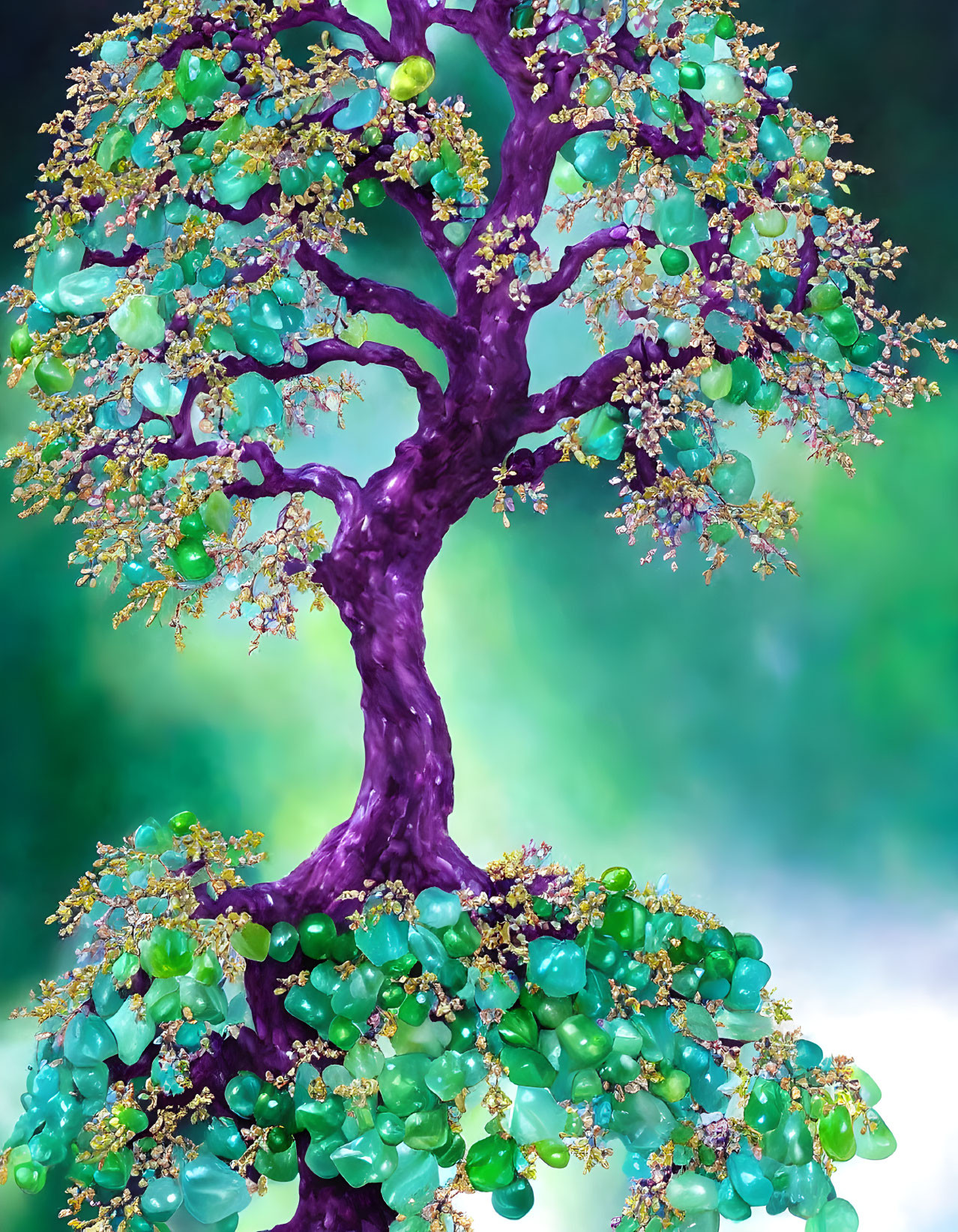 Colorful stylized tree with purple trunk and green-blue foliage on soft-focus green backdrop