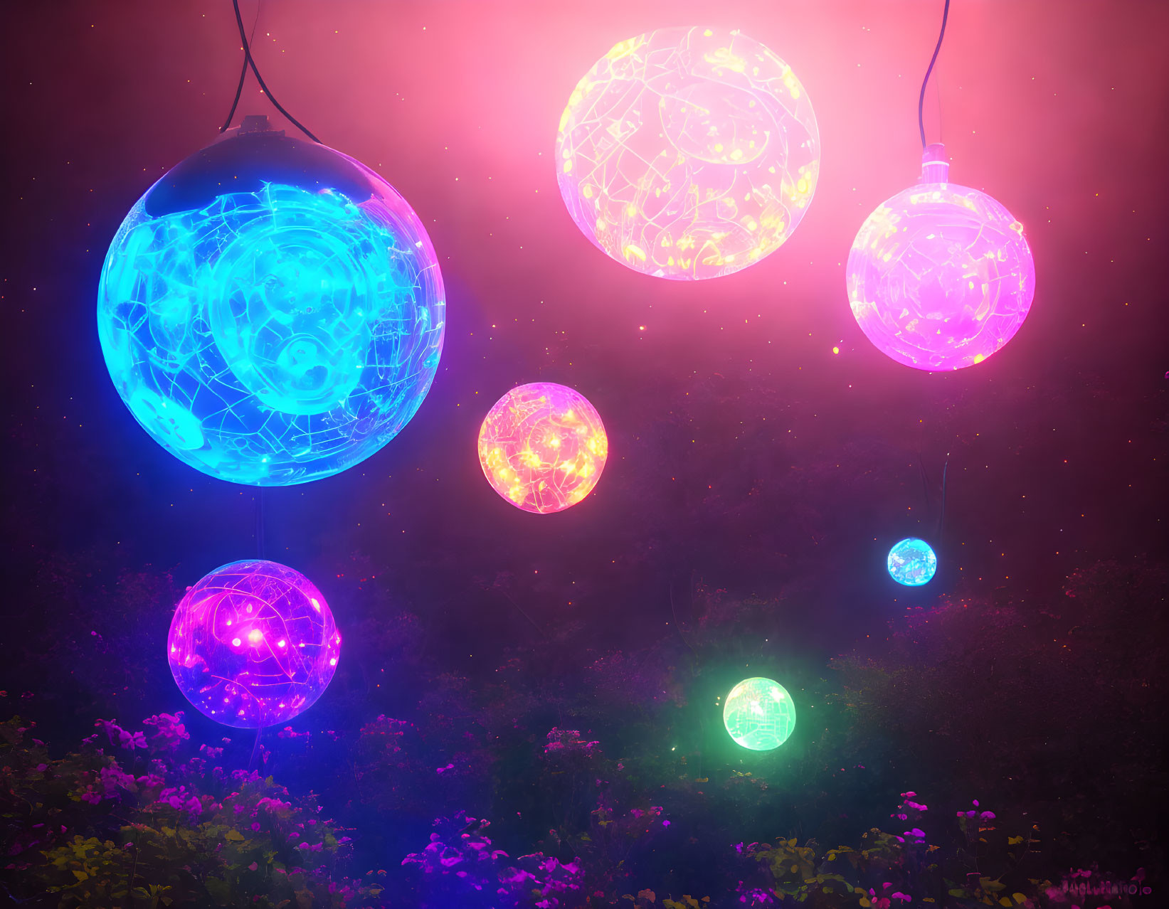 Intricate patterned orbs in colorful mist: ethereal ambiance