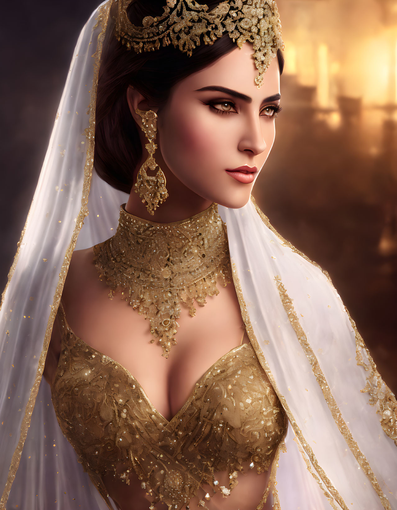 Regal woman with golden crown and elegant veil on warm background