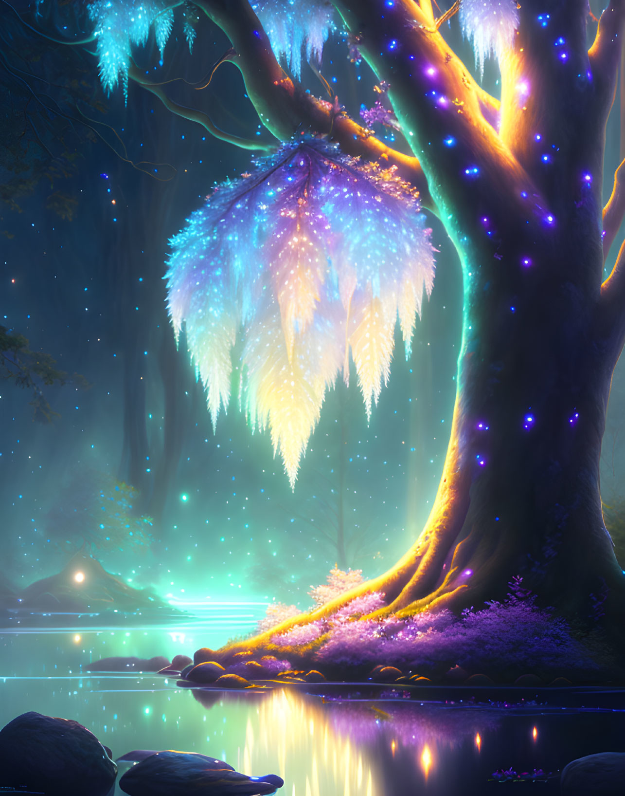 Mystical tree with glowing leaves in serene forest by tranquil lake