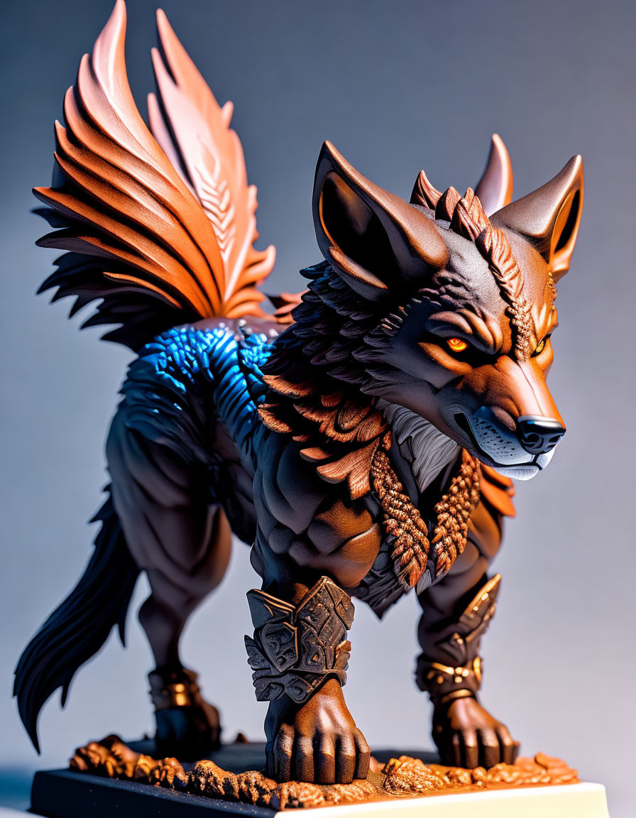 Detailed Mythical Wolf Figurine: Intricate Textures, Warm/Cool Colors, Gradient Background