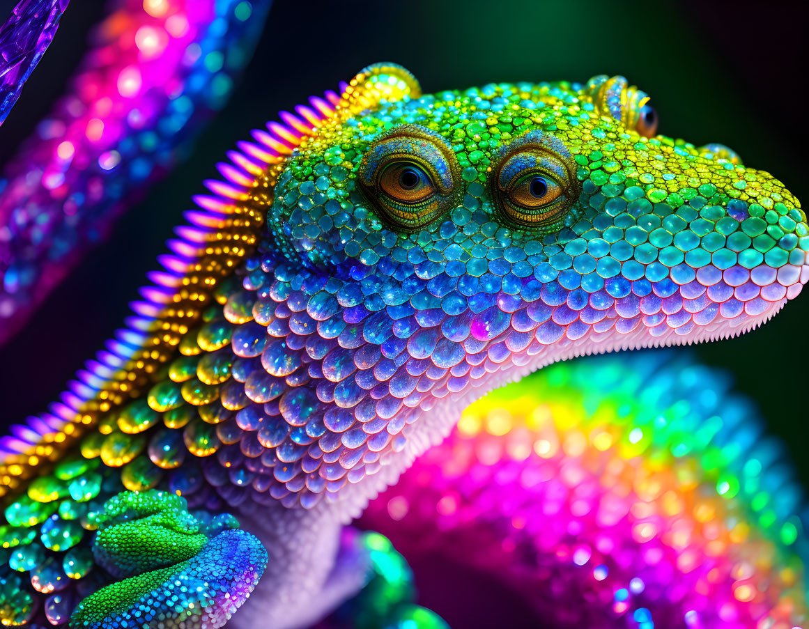 Vibrant close-up of a gecko with iridescent green to purple scales