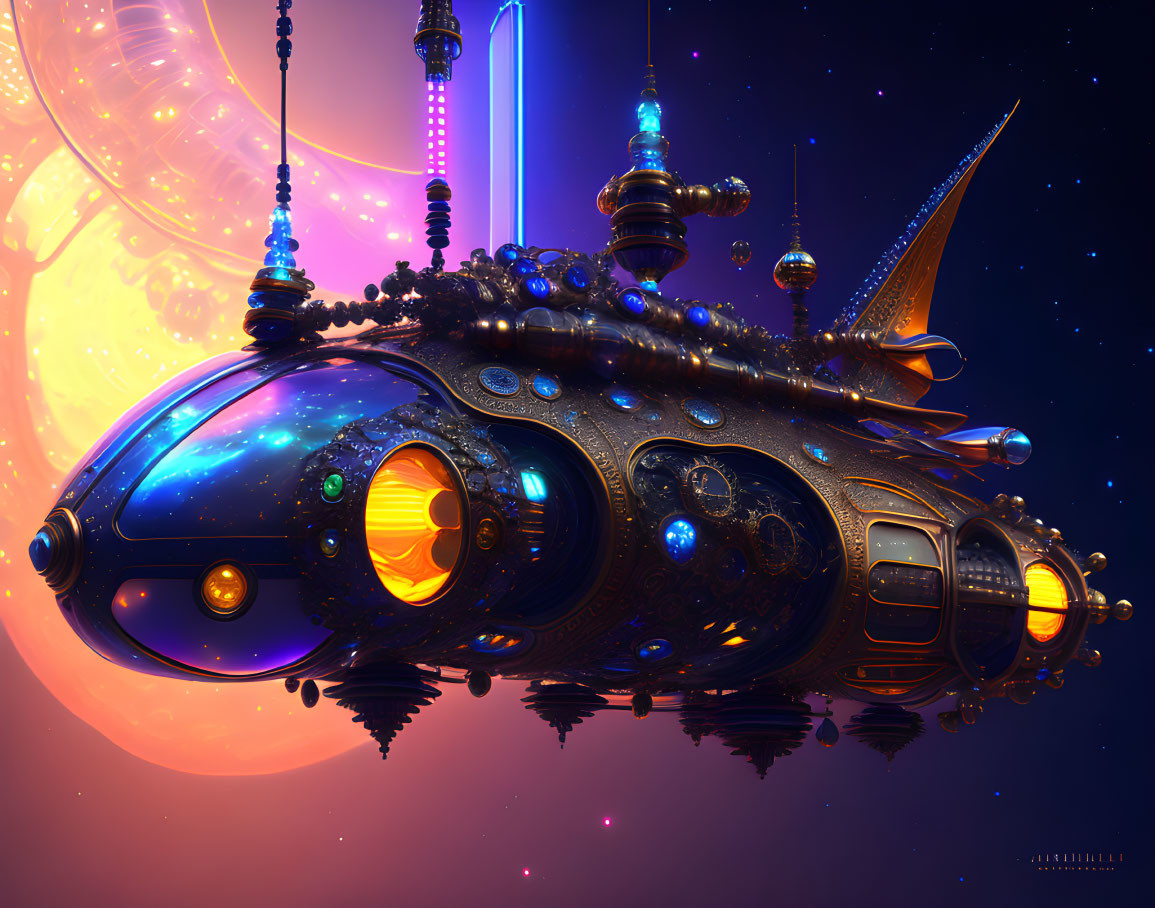 Ornate Spaceship with Glowing Windows in Celestial Space