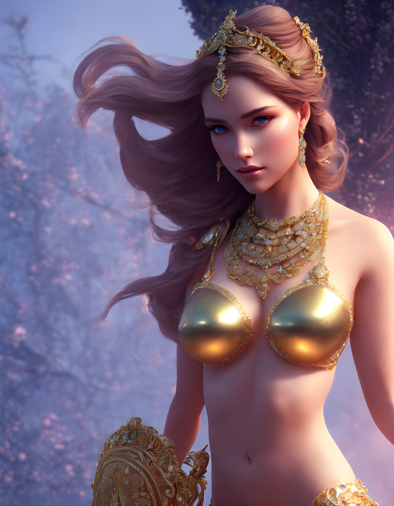 Fantasy elf with flowing hair and ornate gold jewelry in mystical purple forest