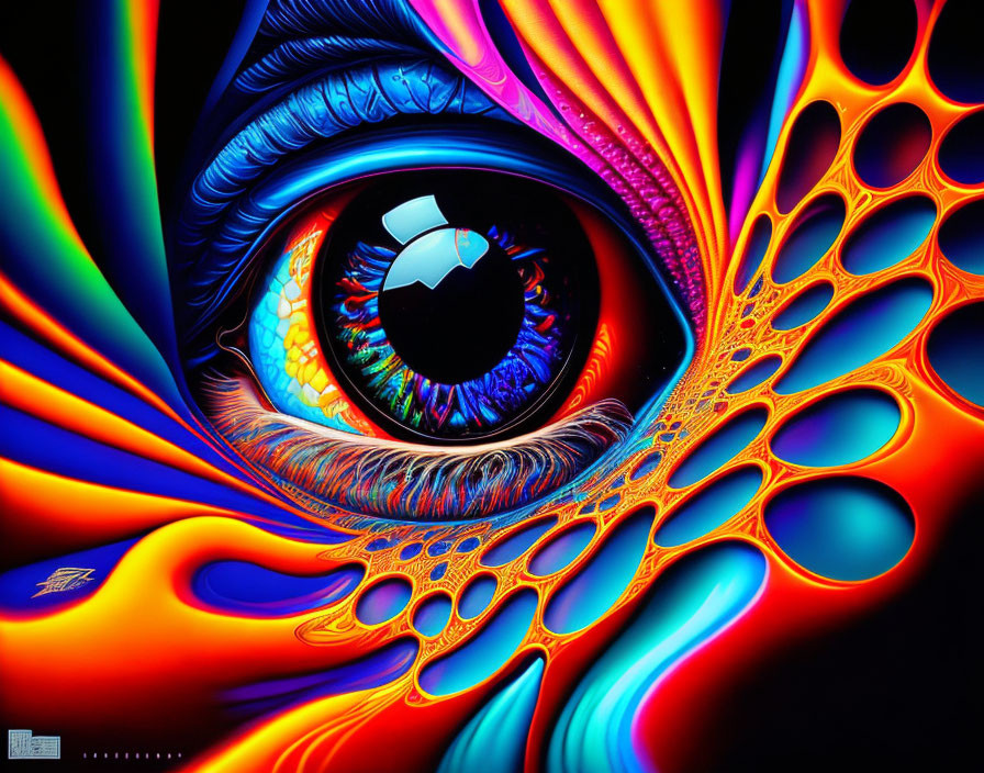 Colorful digital artwork of intricately detailed eye with psychedelic patterns and abstract shapes.