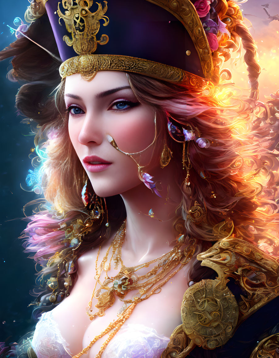 Fantasy woman portrait with regal headdress and dragon earring.