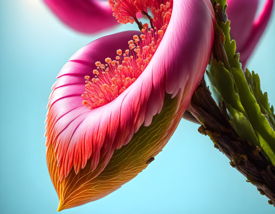 Pink and Yellow Blooming Flower with Prominent Stamens on Blue Background