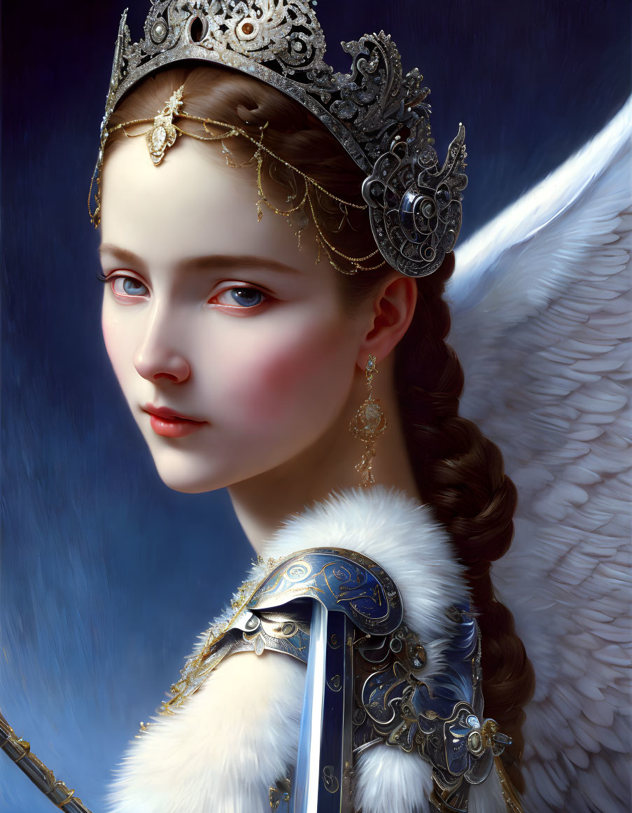 Regal figure with crown, armor, wings, and sword in digital art