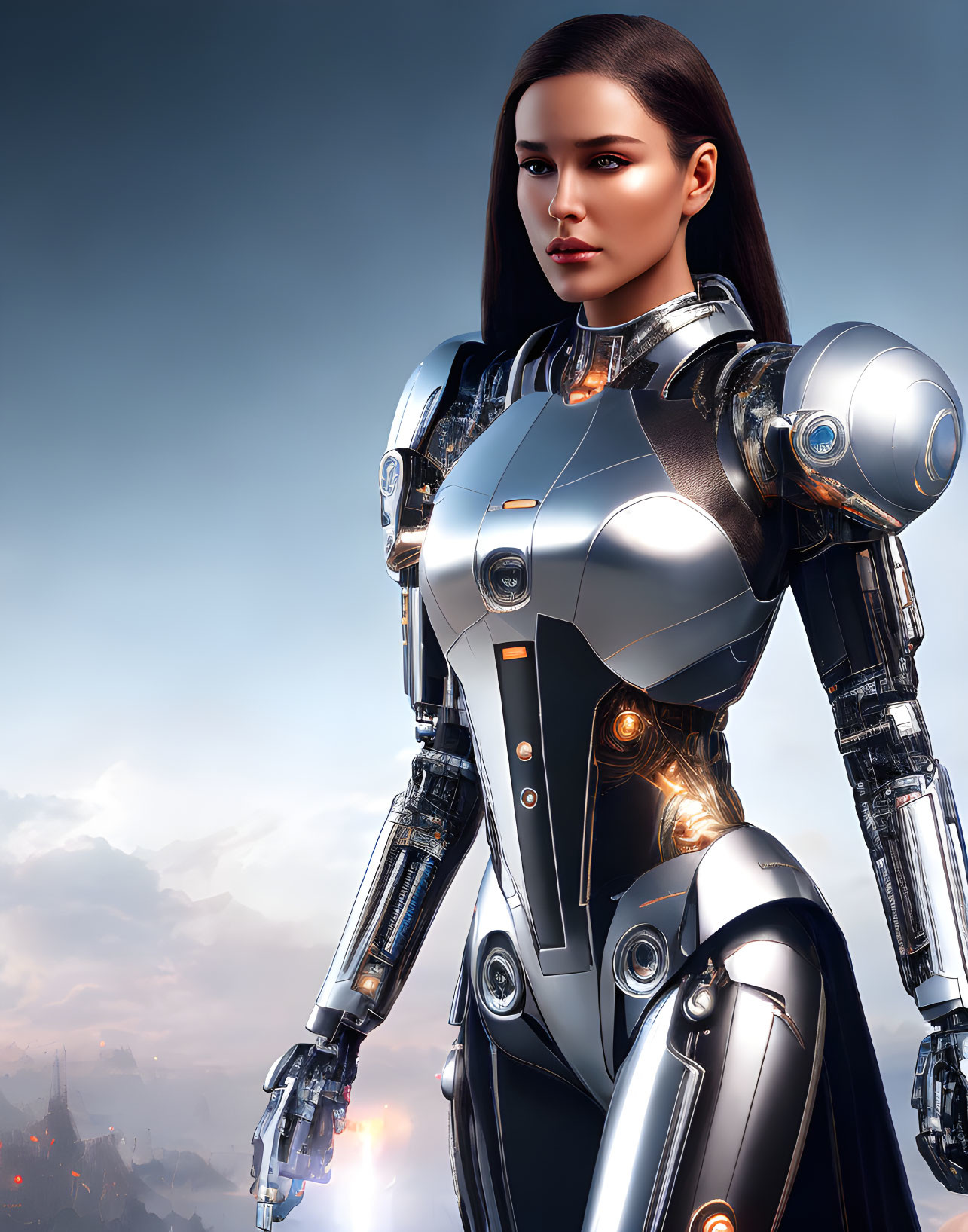 Futuristic female android in metallic armor against cloudy sky