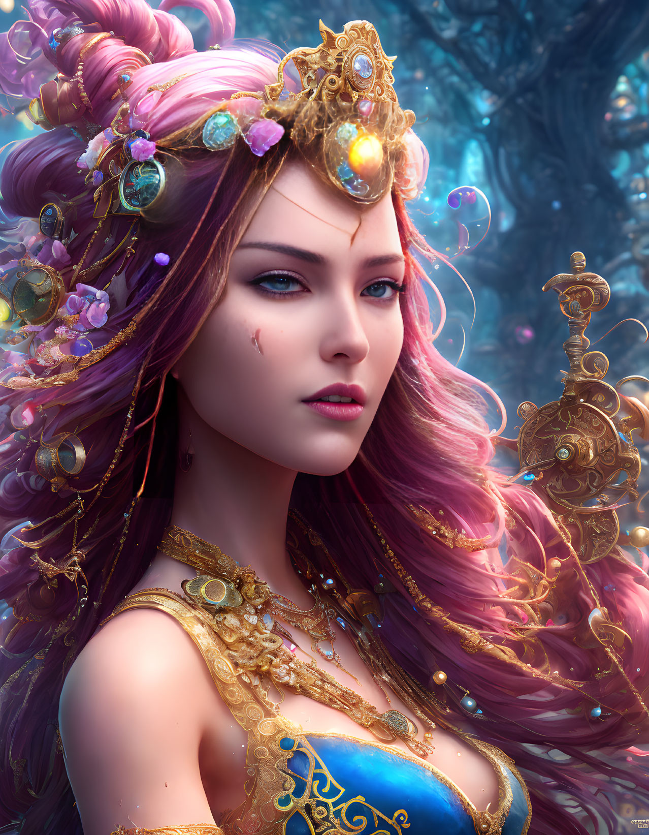 Fantastical portrait of woman with pink hair and gold jewelry in mystical forest.