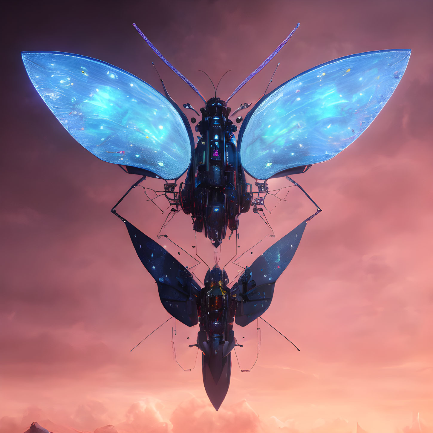 Mechanized butterfly with luminescent wings in pink-hued sky