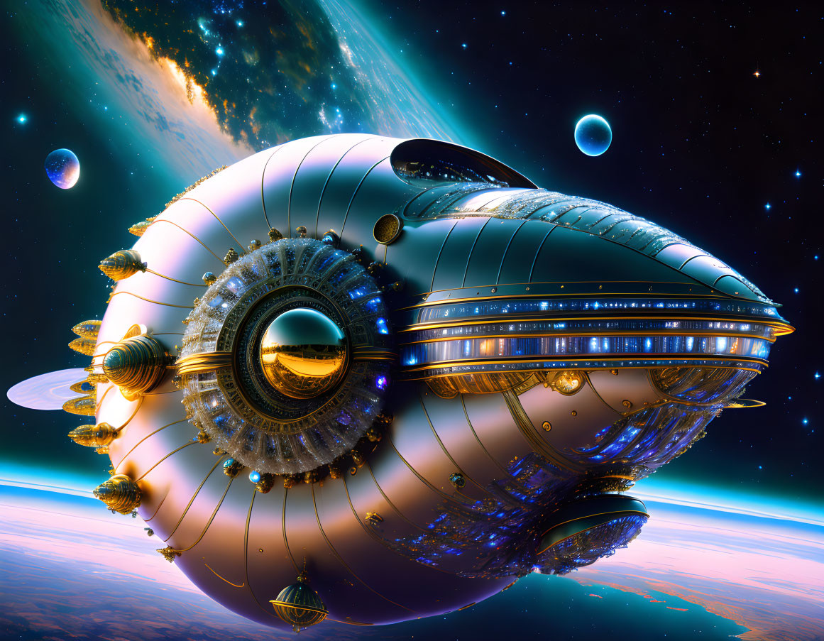 Futuristic spaceship with golden details near a planet & celestial bodies in space