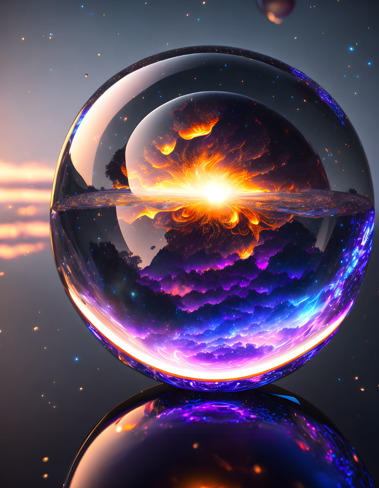 Digital Cosmic Sphere with Fiery Core and Starry Nebula Reflected on Glossy Surface