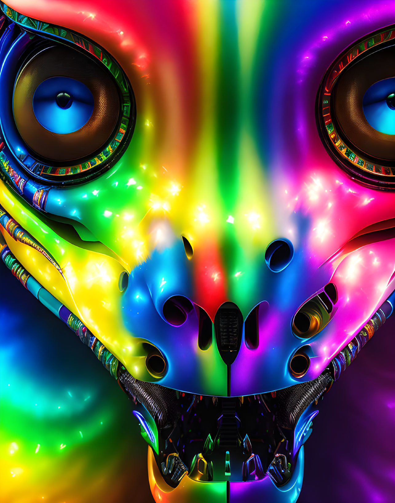 Colorful Cat Face Artwork with Psychedelic and Mechanical Elements