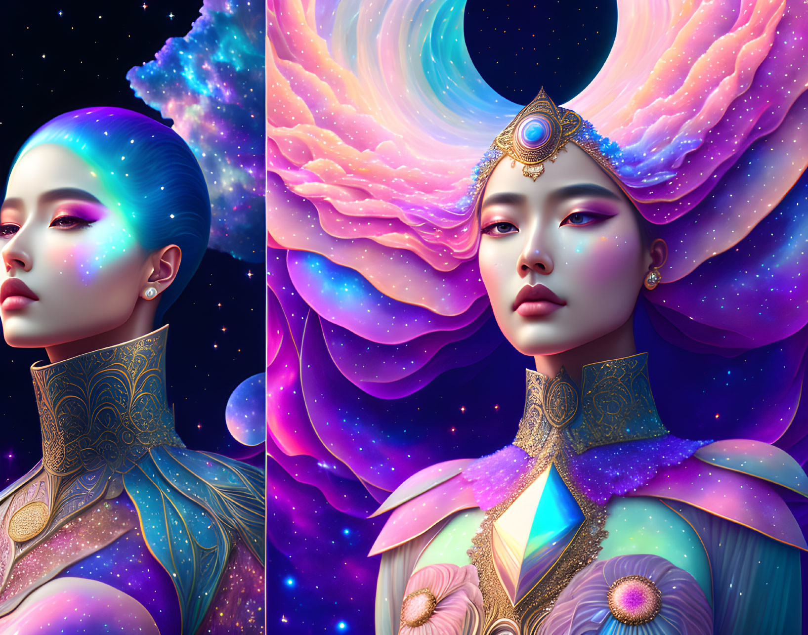 Ethereal portrait of a person in celestial attire against cosmic backdrop