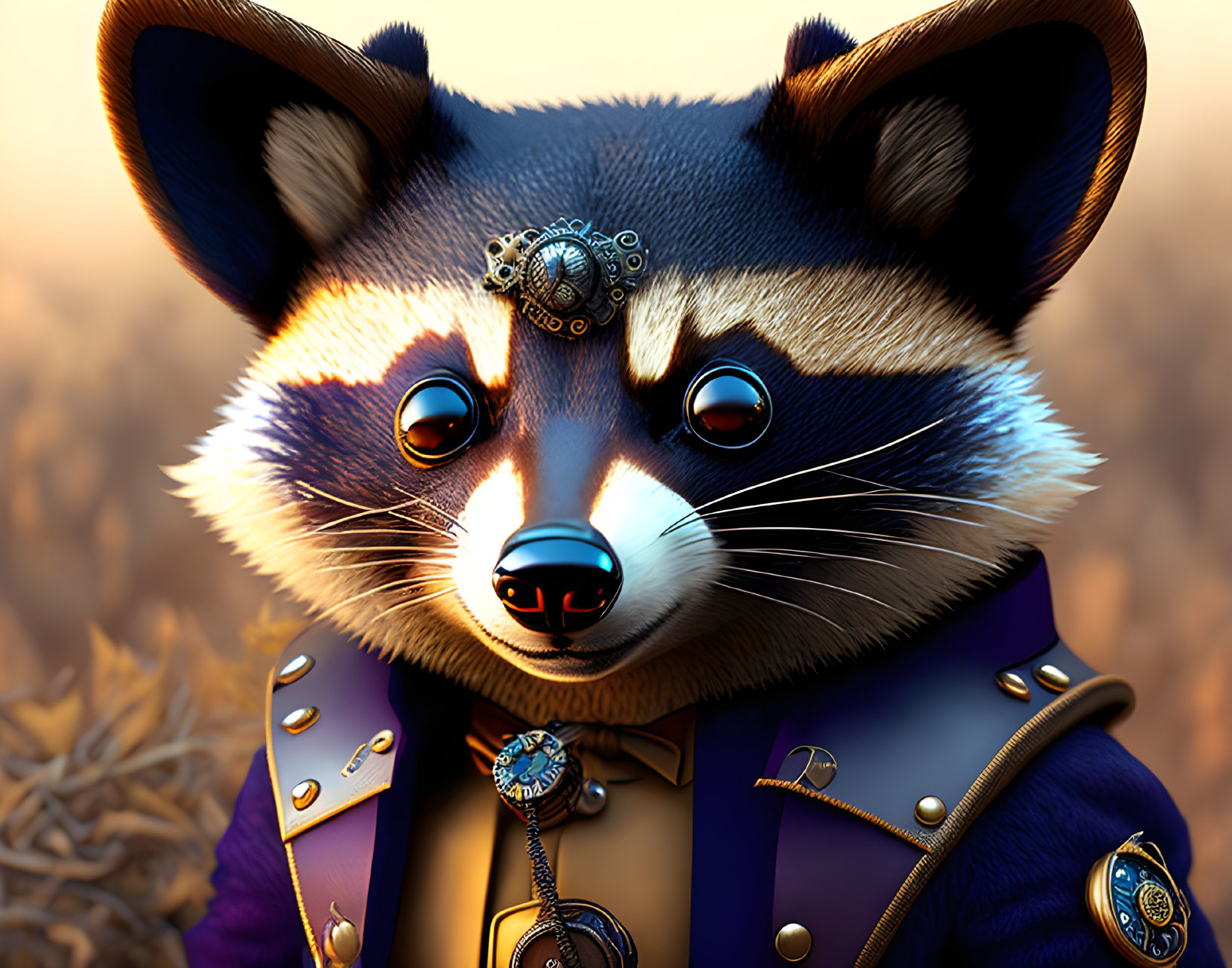 Detailed Steampunk-Inspired Raccoon Illustration with Monocle and Blue Jacket