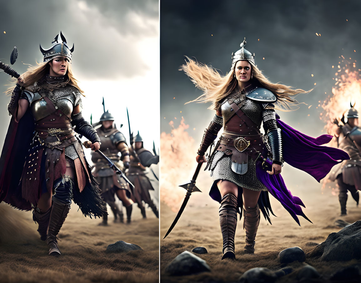 Brave woman warrior in Viking armor charges across rugged battlefield