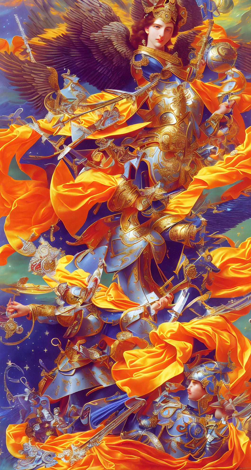 Celestial warrior digital art: multiple arms, orange cloth, golden armor, starry sky.