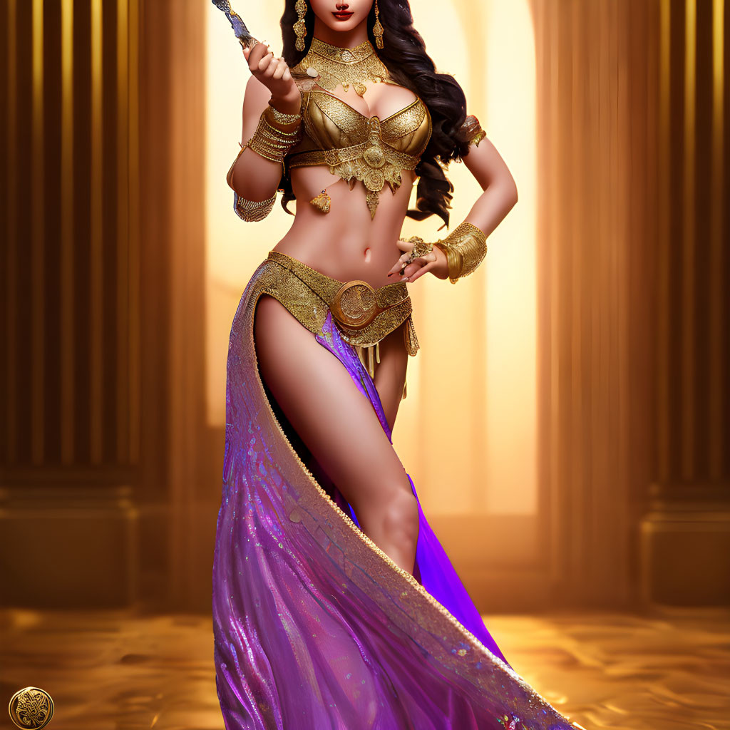 Illustrated female figure in golden jewelry and purple saree with sword on golden backdrop