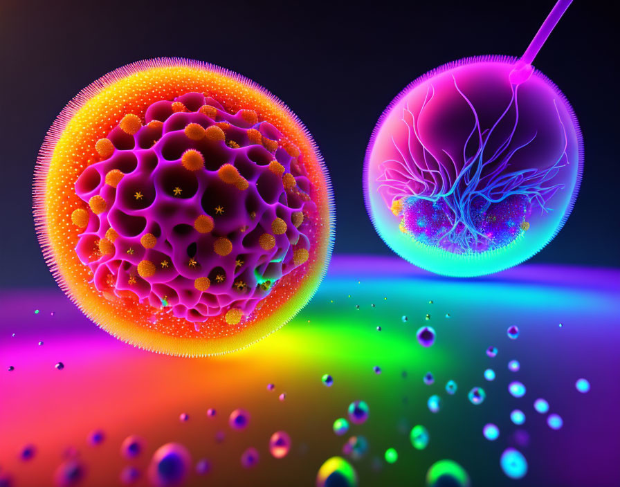 Colorful 3D illustration of microscopic spheres on neon backdrop