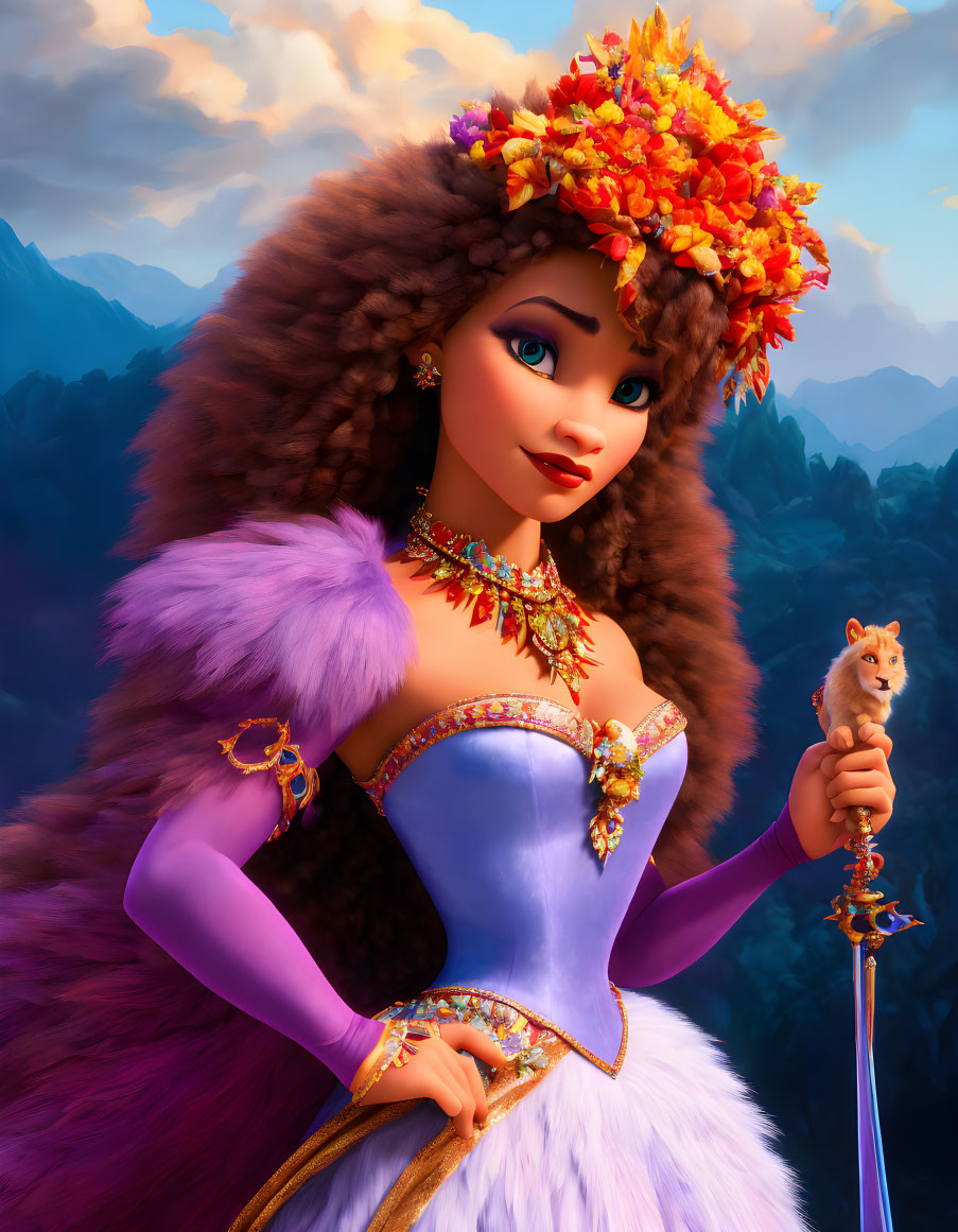 Animated princess with blue eyes in purple dress holding scepter with squirrel, twilight mountain backdrop