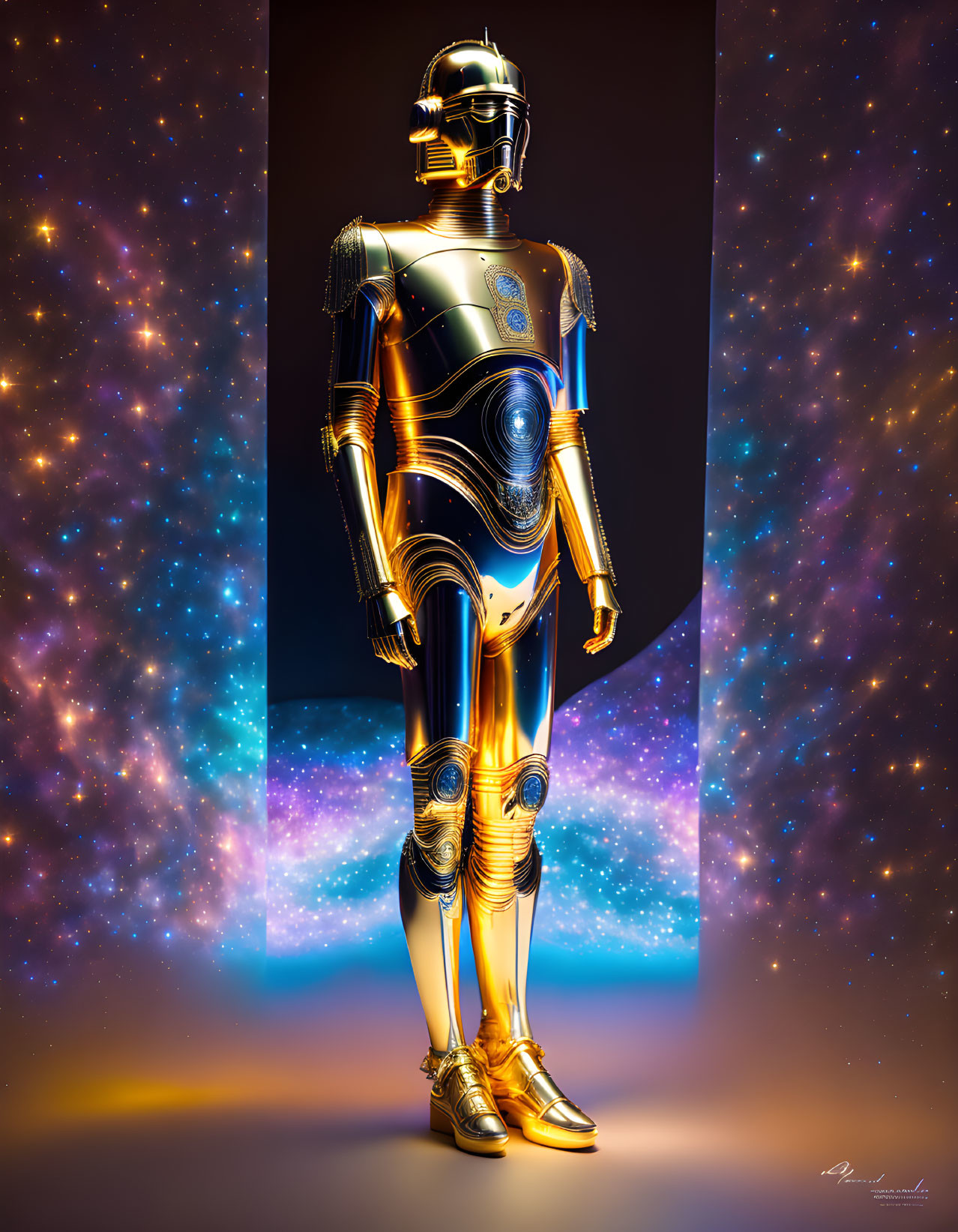 Detailed Gold and Silver Humanoid Robot in Cosmic Setting