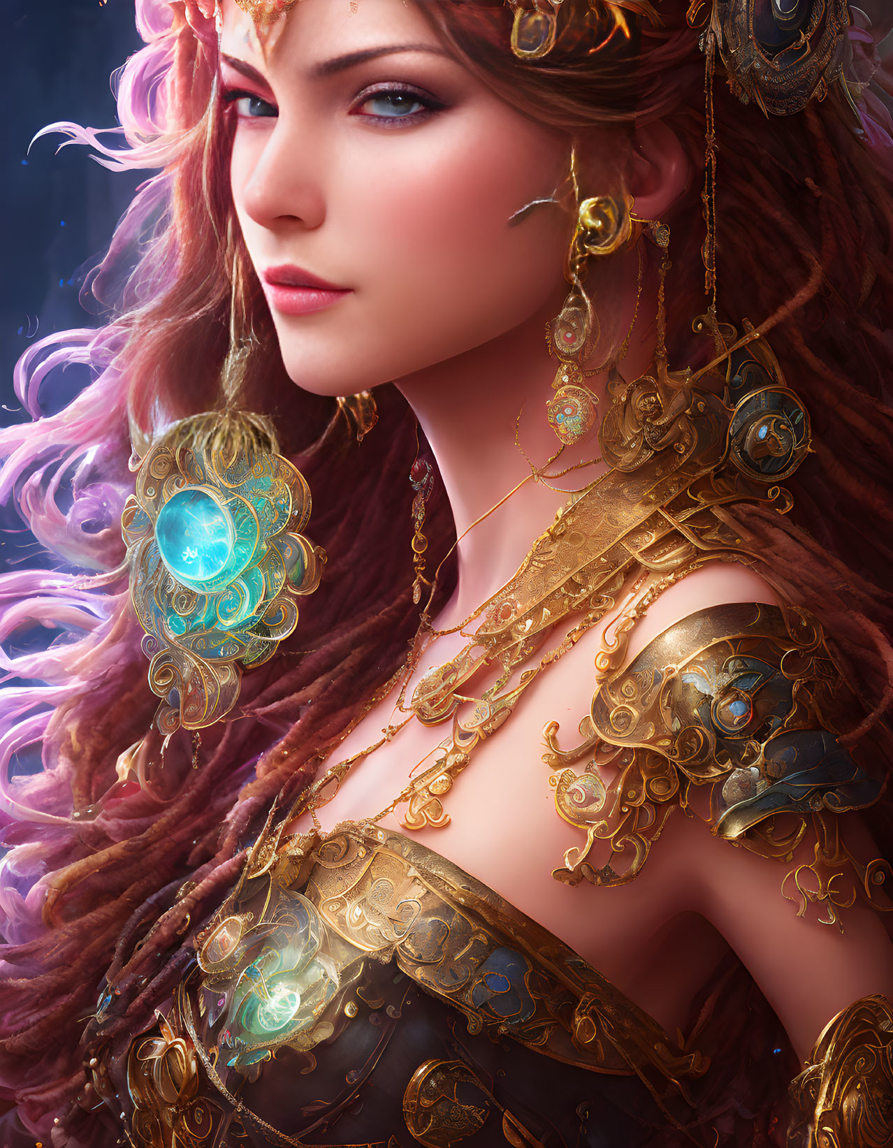 Fantasy portrait of a woman: ornate gold jewelry, glowing blue gemstones, multicolored