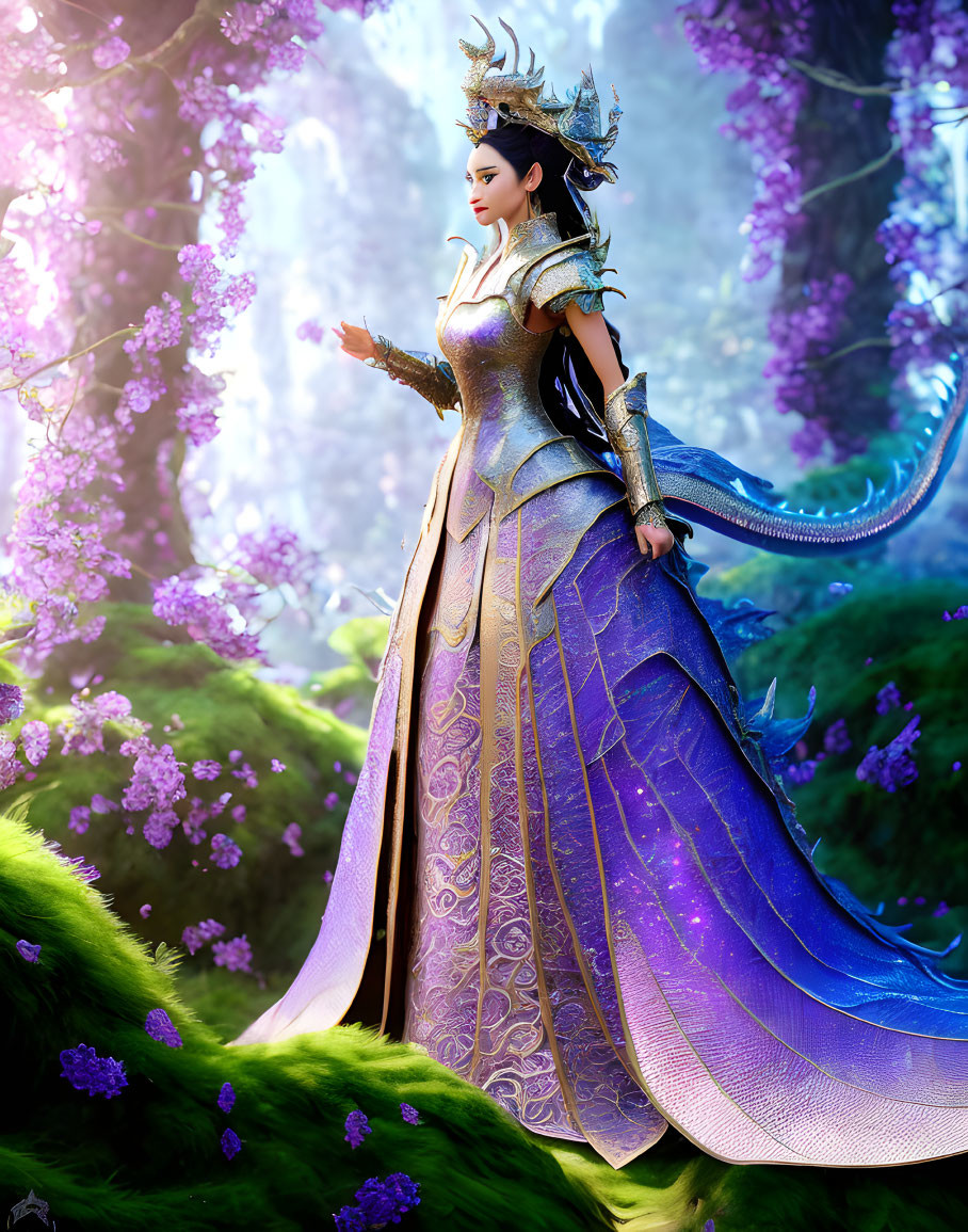 Regal figure in silver and purple armor in mystical forest