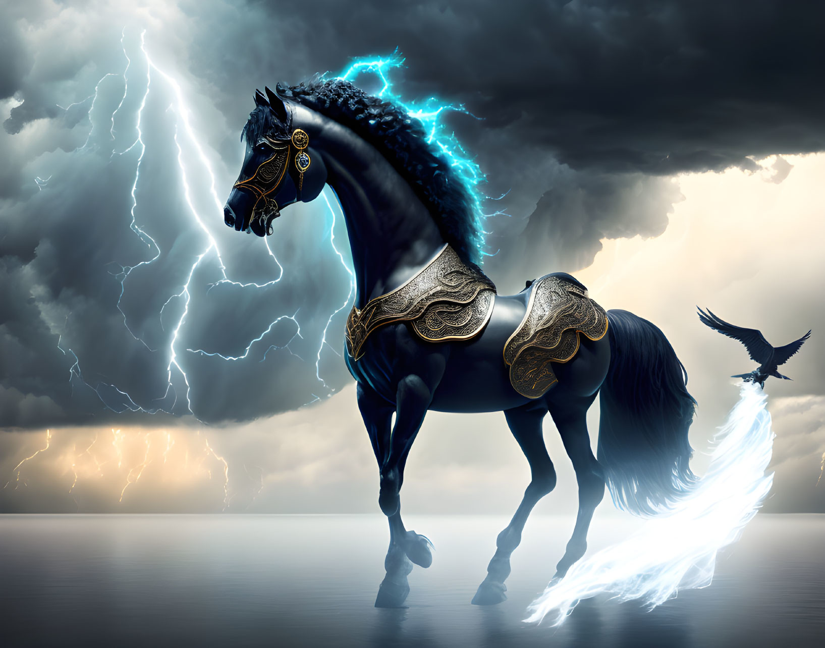 Majestic black horse with glowing blue mane in stormy setting