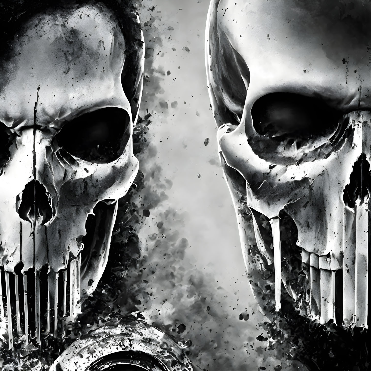 Metallic skulls facing each other against ominous background