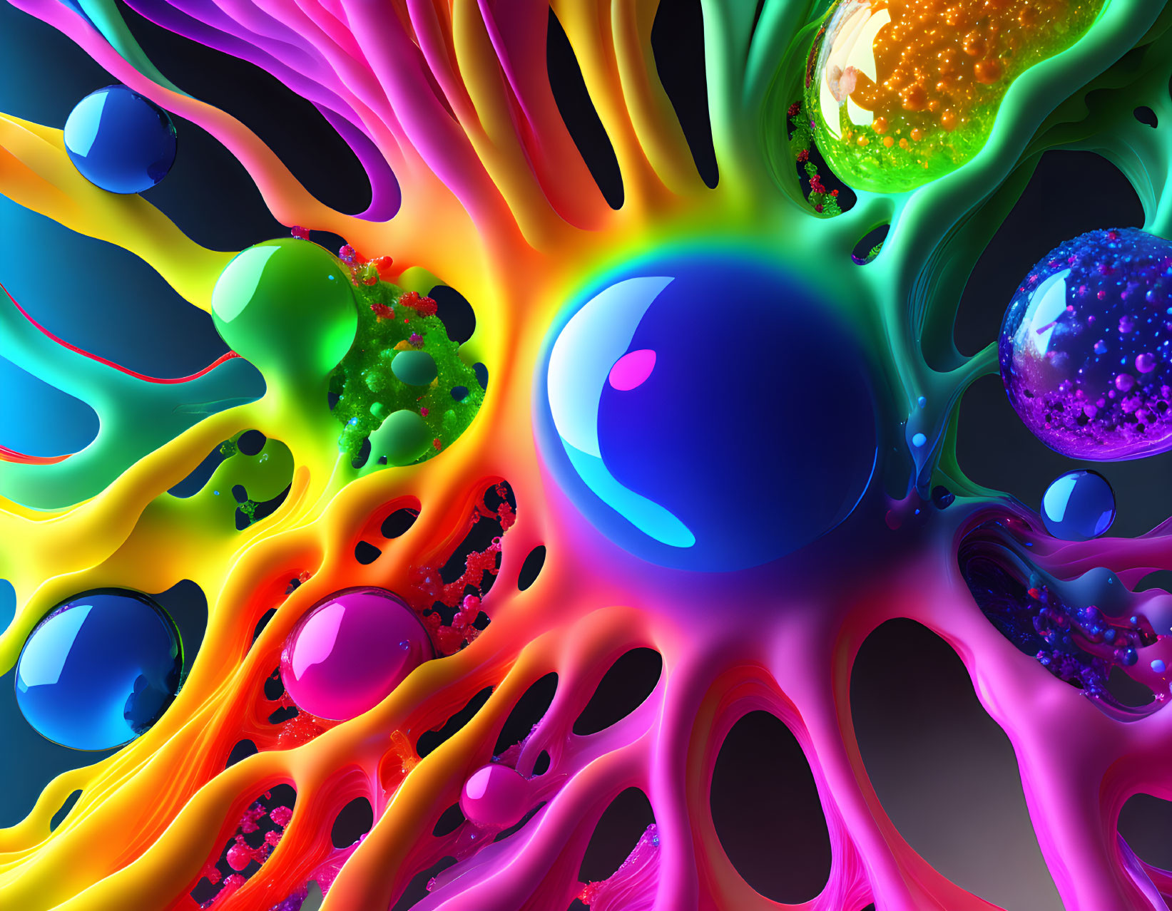 Abstract digital artwork: Multicolored shapes, glossy spheres, intricate reflections on dark background