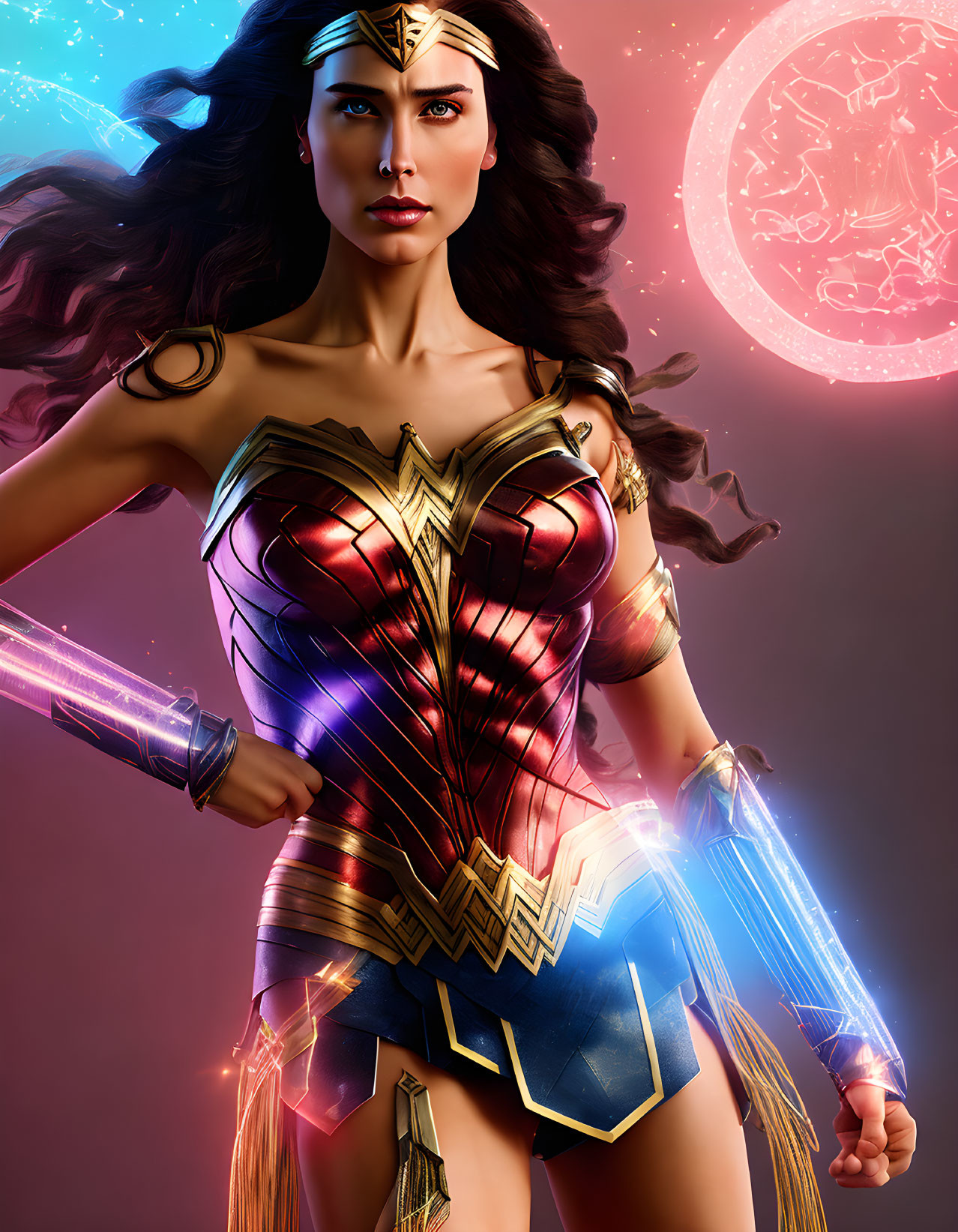 Dark-haired woman in red and gold armor wields glowing lasso.